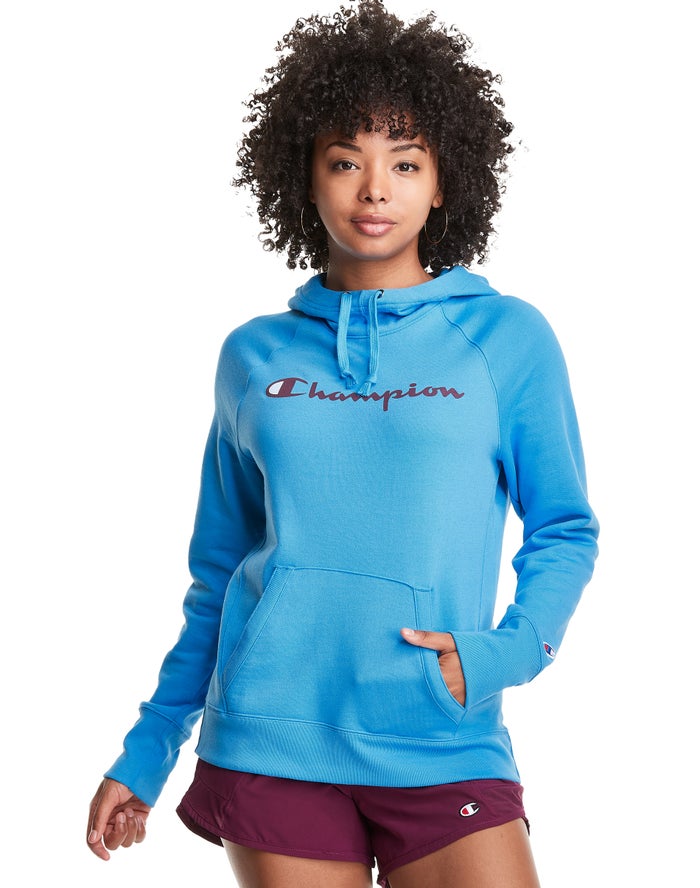 Champion Womens Hoodie NZ - Powerblend Fleece Script Logo Blue ( 2613-FUQMR )